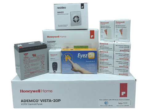 Honeywell Home Vista-20p, 6160RF, EVL4, Battery, Siren, (10) 5800MINI, (1) 5800PIR-RES, (1) 5834-4 Keyfob