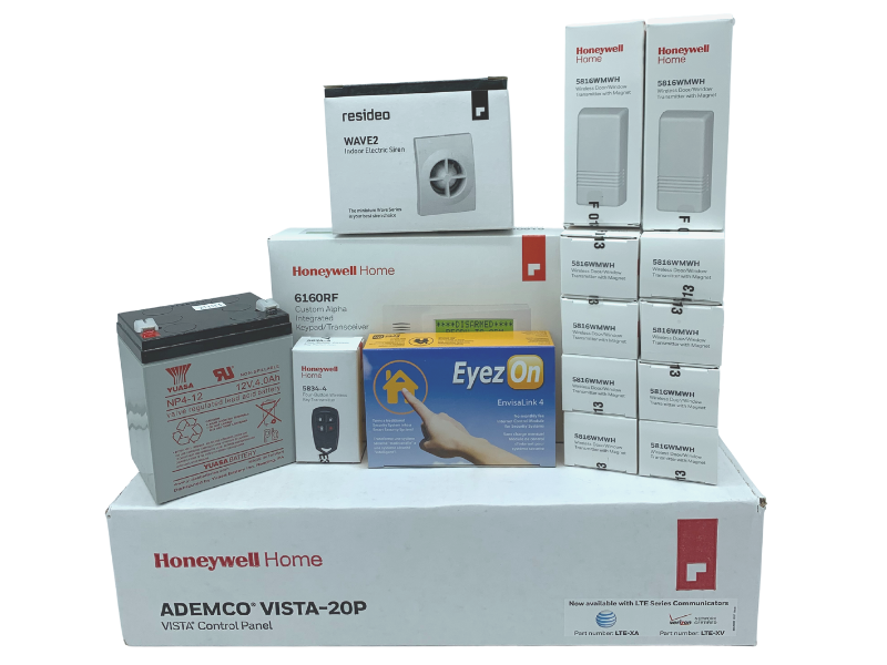 Honeywell Home Vista-20p, 6160RF, EVL4, Battery, Siren, (10) 5816WMWH, (1) 5800PIR-RES, (1) 5834-4 Keyfob