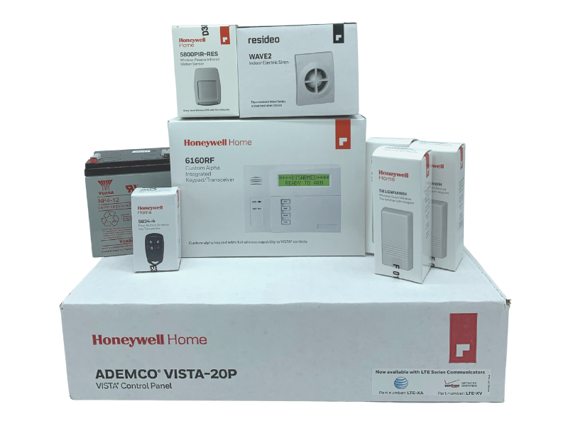 Honeywell Home Vista 20P, 6160RF, (3x) 5816WMWH, 5800PIR-RES, 5834-4 Battery, Siren, Jack and Cord Package